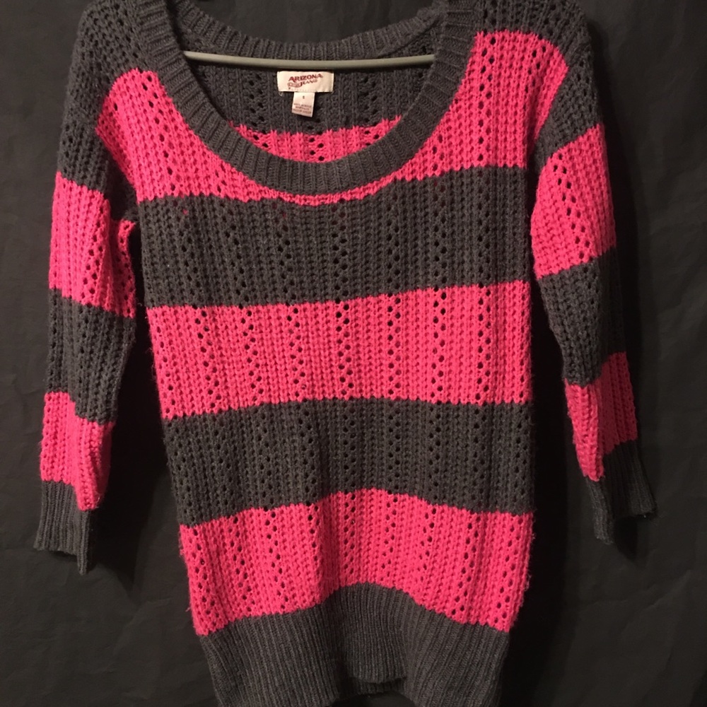 Hot pink and dark gray off the shoulder sweater